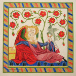 Tempera sur papier aquarelle 18X18 Ce manuscrit allemand du XIVe siècle rassemble des poésies exaltant l’amour courtois et compte 137 miniatures pleine page. 