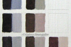 Obtenus par couple de complémentaires + blanc.-->1er rang Bleu/Orange a) Outremer+Ocre rouge b) Cobalt+sienne brûlée-->2eme rang Rouge/Vert a) Alizarine+Emeraudeb) Magenta+Vert oxyde de chrome-->3eme rang Jaune/violeta) Jaune citron+Violet d'outremerb) Ocre jaune+violet d'outremer(PV15)c) Jaune citron+Violet dioxazine(PV23)