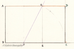 Tracer un carré AG BENoter F le milieu de BE Prolonger le segment BE et le segment AGTracer un cercle de centre F et de rayon (FG) jusqu'à ce qu'il coupe le prolongement de BENoter C le point d'intersection Tracer CD perpendiculaire à BC jusqu'à ce qu'elle coupe le prolongement de AGNoter D le point d'intersection On obtient le rectangle d'or ADBC
